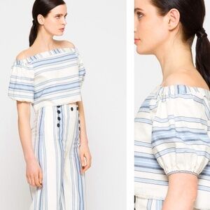 Lemlem Halima Crop Top Striped Off The Shoulder Linen/Cotton Off White/Blue SZ M